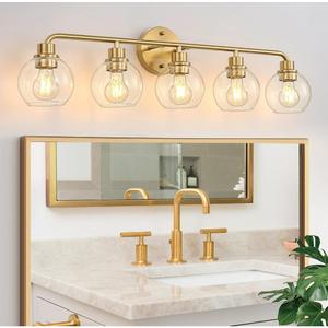 Bathroom Light Fixtures Gold Vanity Light 5 Light Wall Sconces Lighting Brushed Brass Lights with Clear Globe Glass Shades Bath Wall Lamp for Mirror Kitchen Living Room Bedroom Hallway