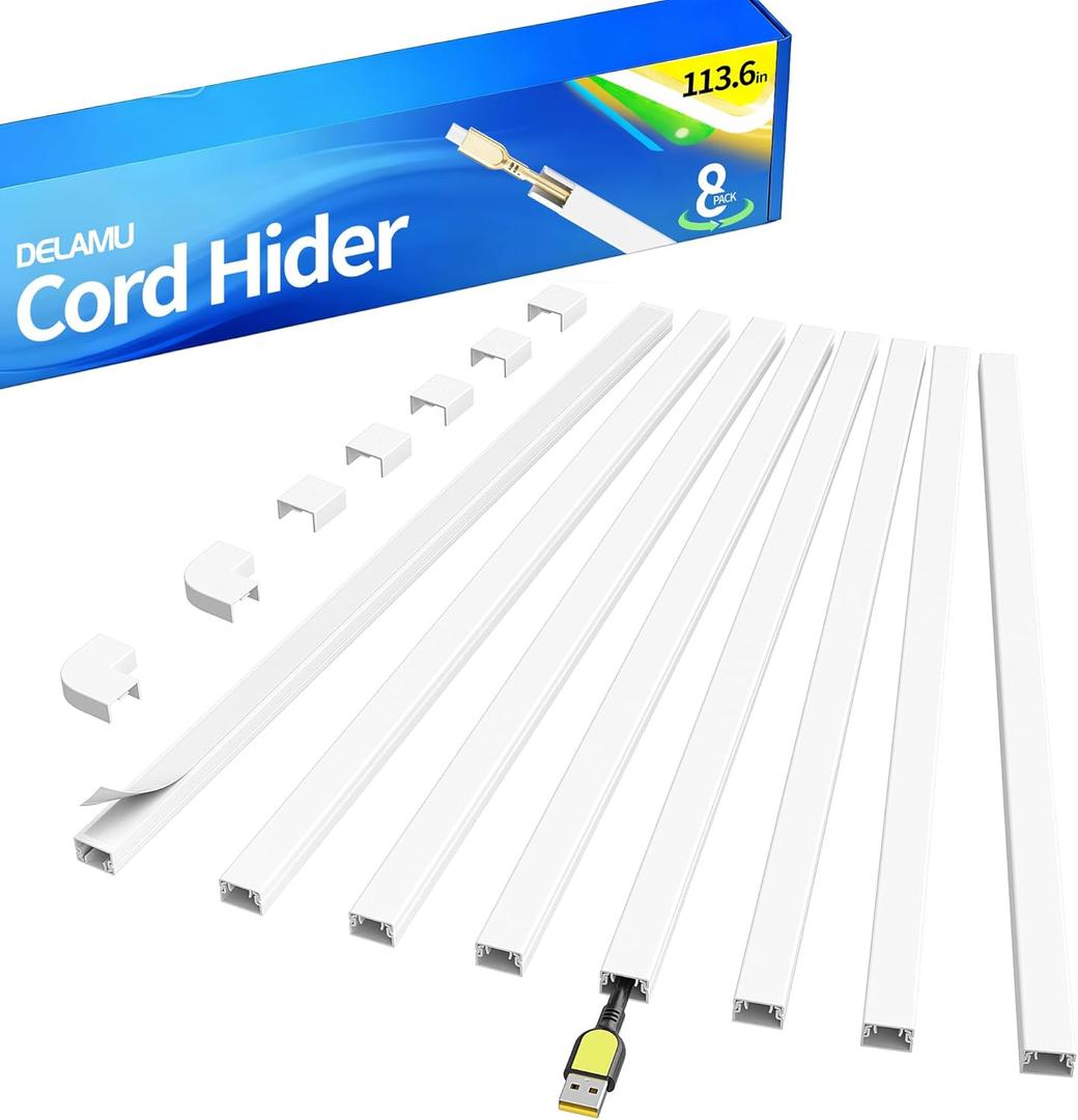Delamu 113.6in Cord Hider, Cord Covers for 1-2 Wire, Paintable Cable Hider, Wire Covers for Cords on Wall, Wire Hiders for TV on Wall, Cable Cover Cable Management, W0.59in H0.40in (113.6L X 0.59W X 0.40H in, White)