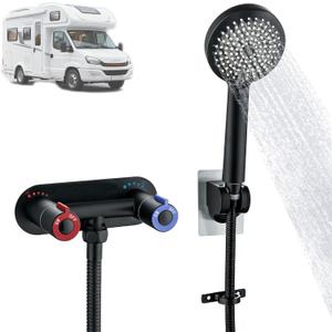 RV Shower Faucet with Hose and Head, 4" Stainless Steel RV Shower Faucet kit, 5 Settings Handheld Shower for RV Camper Motorhome, Matte Black