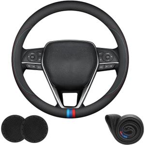 3 Pack Nappa Leather Car Steering Wheel Cover Fit for Toyota Corolla 2025 2024 2003-2023 Accessories, Non-Slip and Breathable, Universal 14.5-15 Inch, Black