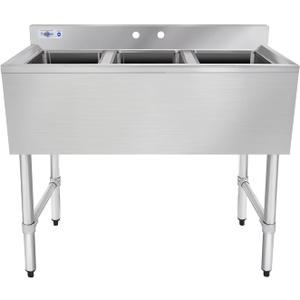 Profeeshaw NSF 3 Compartment Sink Commercial of Stainless Steel with 10'' x 14'' x 10'' Bowl Bar Utility Basin for Restaurant, Bar, Utility Room and Garage