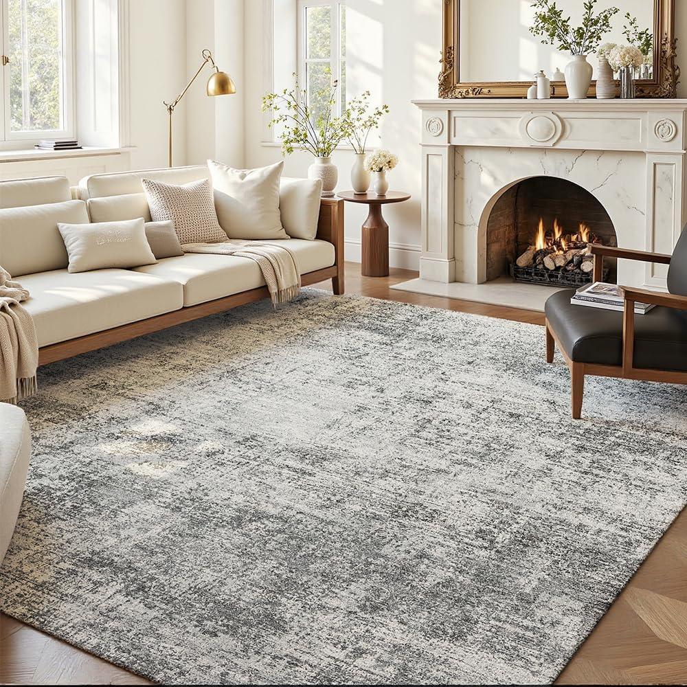 Area Rug 6x9 Washable Rug Light Grey for Living Room, Dining Room, Bedroom, Large Carpets, Non Slip & Non-Shedding Low Pile Vintage Print Rug for Home Office Decor