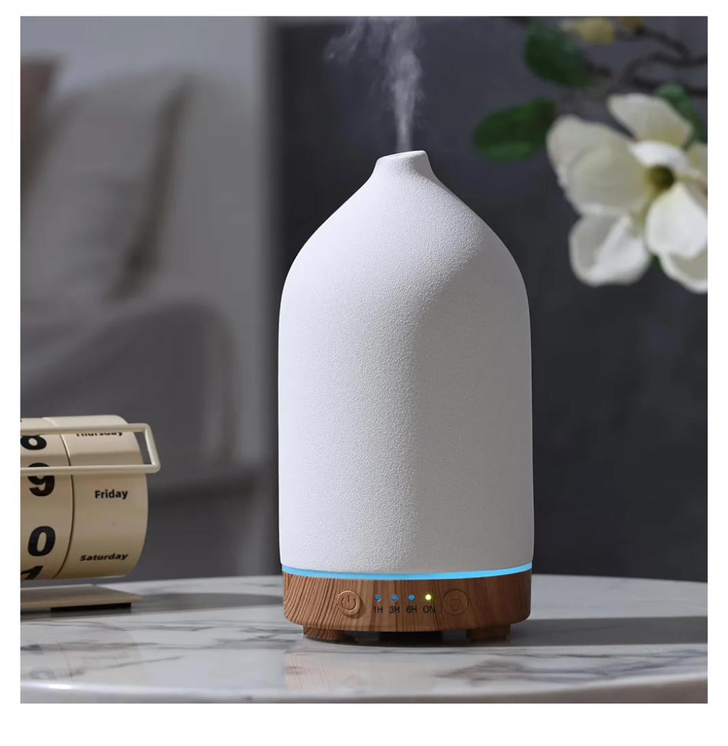 200ML Ceramic Essential Oil Diffuser - Ultrasonic Aromatherapy & Humidifier with 7-Color LED Lights, Auto Shut-Off, Wood Grain Base, 1H/3H/6H Timer | Scent for Home, Office, Yoga