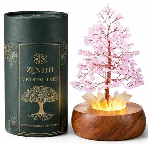 Rose Crystal Tree of Life with LED Light – Handcrafted Gemstone Bonsai on Quartz Base & Acacia Wood Stand – Spiritual Home & Office Décor, Feng Shui, Thoughtful Gift for Women