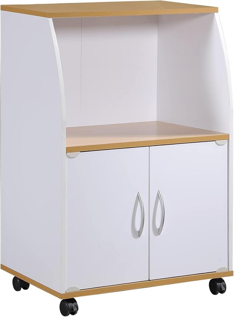 Hodedah Mini Microwave Cart with Two Doors and Shelf for Storage, White