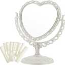 CHENGU Heart Shaped Mirror 8 Pieces Hair Styling Combs Double Sided Rotatable Dresser Heart Mirror Makeup Gifts for Girls Gift Vanity Tabletop (Creamy White)