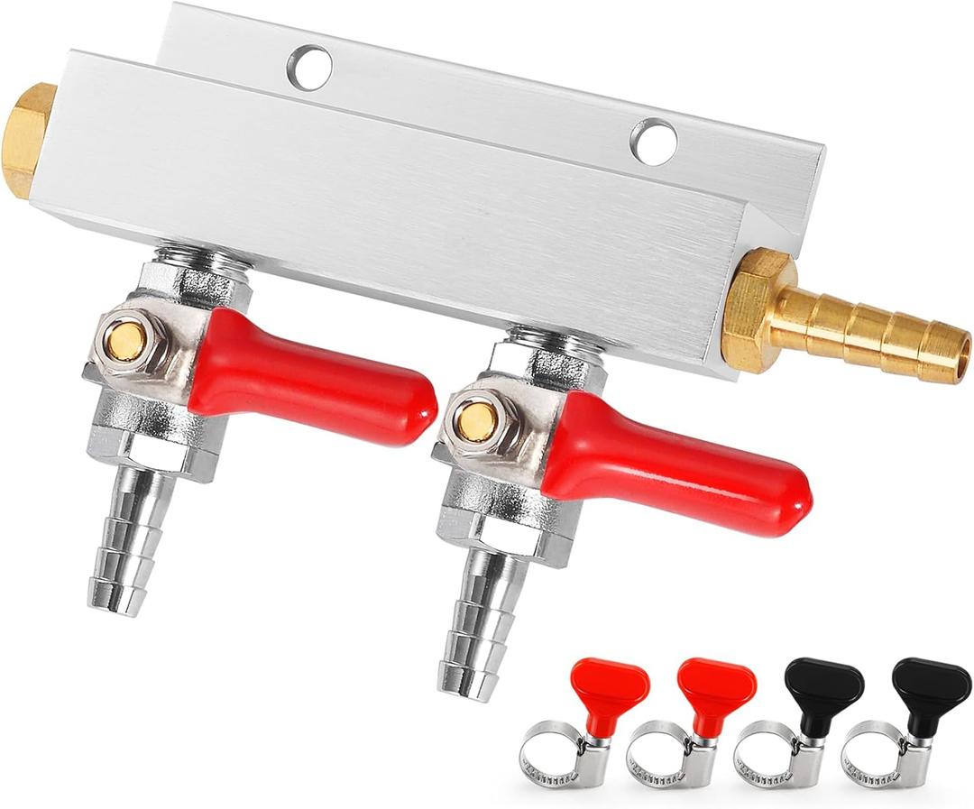 Kegerator Co2 Manifold, 2-Way Keg Co2 Splitter 5/16 Bard Fitting Co2 Gas Distributor Beer Keg Air Distributor Gas Manifold with Integrated Check Valves & Hose Clamps
