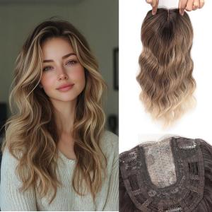 16Inch Hair Toppers for Women with Thinning Hair, Heat Resistant Fibre Synthetic 6.5" x 6.5" Base, Curly Wavy Topper for Women (Ombre Blonde Brown, 16inch)