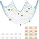 ZUEXT Sea Blue Decor Fishing Net 79x40 Inch, Large Fishing Net Picture Frames Holder w/40 Clips, Photo Hanging Display Mermaid Net, Artworks Photos Organizer, Nautical Theme Party Decoration Net