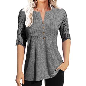 Women's Fashion Summer Pleated Button lace Half Sleeve T-Shirt V-Neck Solid Color Casual Tunic top Medium
