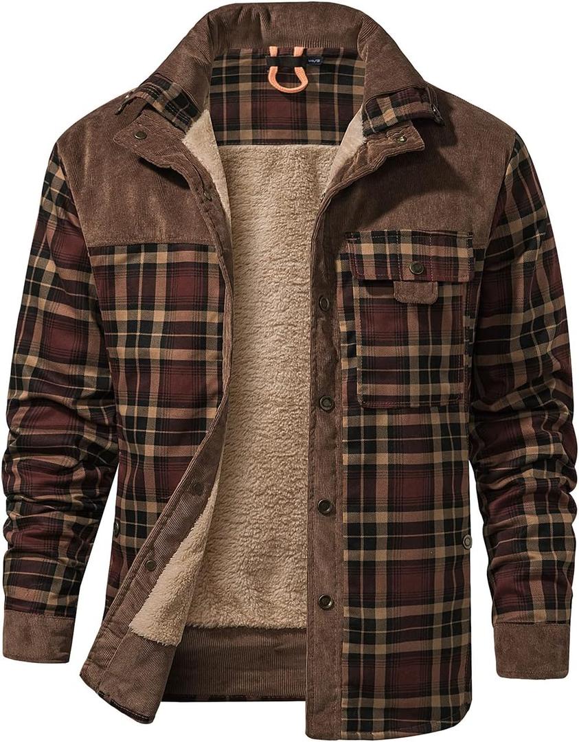Haellun Men's Long Sleeve Sherpa Lined Shirt Jacket Flannel Plaid Fleece Coats (Medium, Coffee)