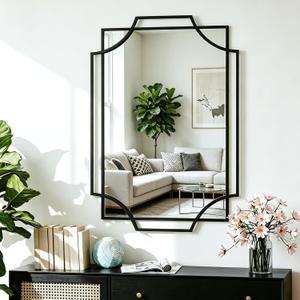 Black Wall Mirrors for Decor, 40''X28'' Large Bathroom Mirror for Vanity with Black Metal Frame, Modern Scalloped Mirror for Entryway, Dining Room, Living Room
