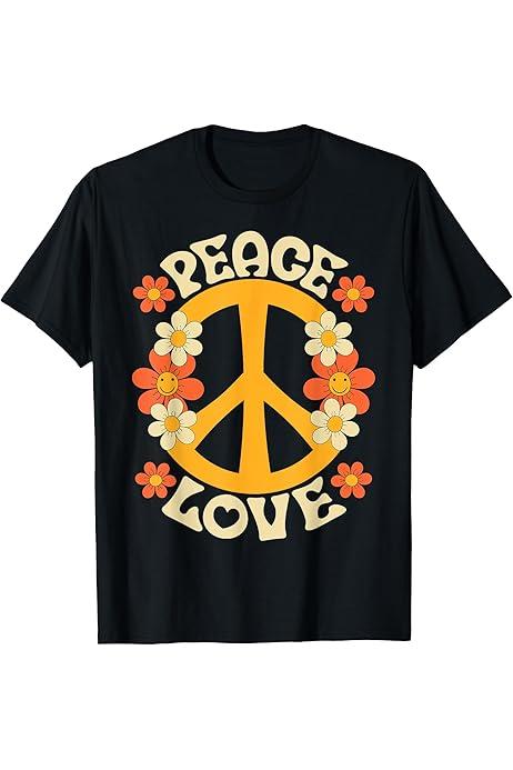 Love 60'S 70'S Party Outfit Groovy Hippie Costume Peace Sign Black Tshirt , Size M
