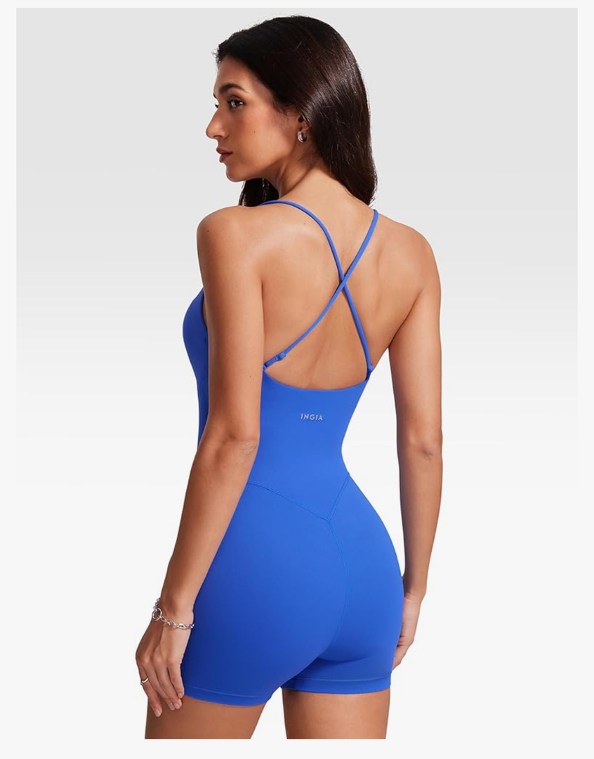 Womens Low Scoop Neck Athletic Adjustable Strap Rompers Jumpsuits Padded Bodysuit Shorts One Piece Tank Tops, S