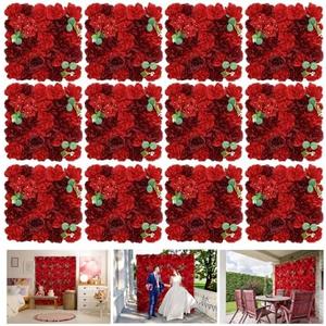 RIDDSEE Flower Wall Backdrop 12 Piece of 16.5x16.5 Inch Artificial Floral Wall Panel Silk Rose Wall Decor Ideal for Wedding Celebrations, Festive Party Backdrops, and Home Decor-Red