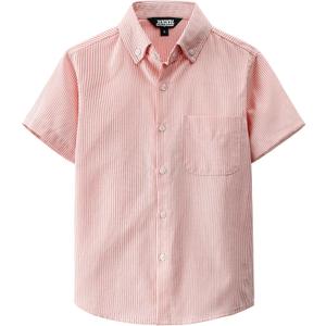 JOGAL Boys Button Down Shirt Short Sleeve Oxford Dress Shirts Casual Striped Tops for 6-14 Years (Orange)