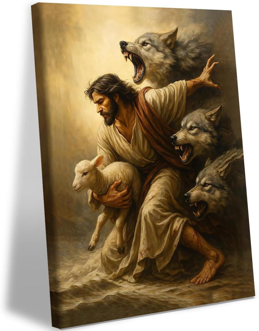 EHNTNNMA Jesus and the Lamb Canvas Wall Mural, Jesus Saving the Lost Sheep, Decorative Painting, Shepherd Protecting Lambs from Wolves, Poster, Christian Bedroom, Church, Christmas, Printed Artwork, 12x 16 inches, Framed