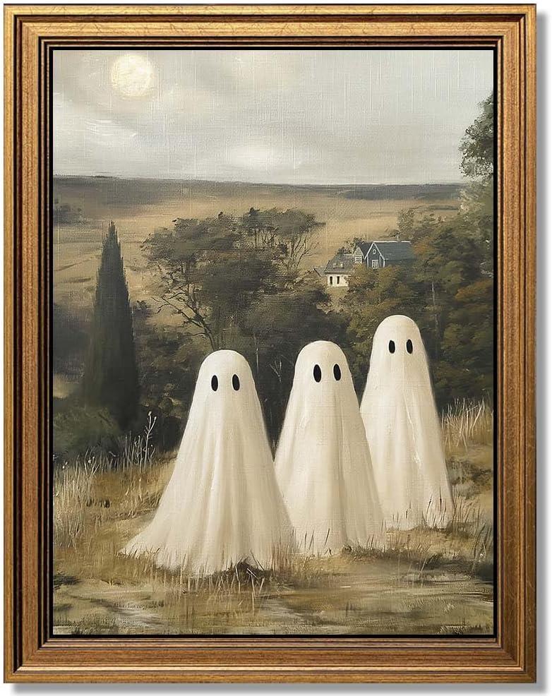 Glod Framed Vintage Landscape Wall Art, Cute Ghost Wall Decor, Aesthetic Halloween Decor Wall Art for Bedroom (9.5''x12'') Glod Framed Vintage Landscape Wall Art, Cute Ghost Wall Decor, Aesthetic Halloween Decor Wall Art for Bedroom (9.5''x12'')