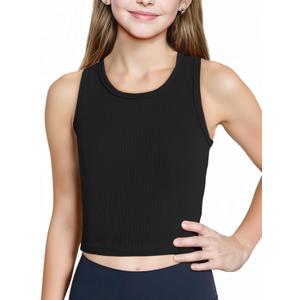 Girls Tank Tops Kids Athletic Ribbed Summer Sleeveless Crop Tops School Workout Running Sports Outfits Basic Camisole (Black)