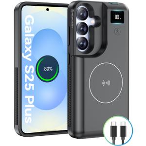 NEWDERY for Samsung Galaxy S25 Plus Battery Case 6.7", 10000mAh Portable Power Bank with LED Display, Qi Wireless Charger & 20W USB C Fast Charging, Sync-Data Supported Black