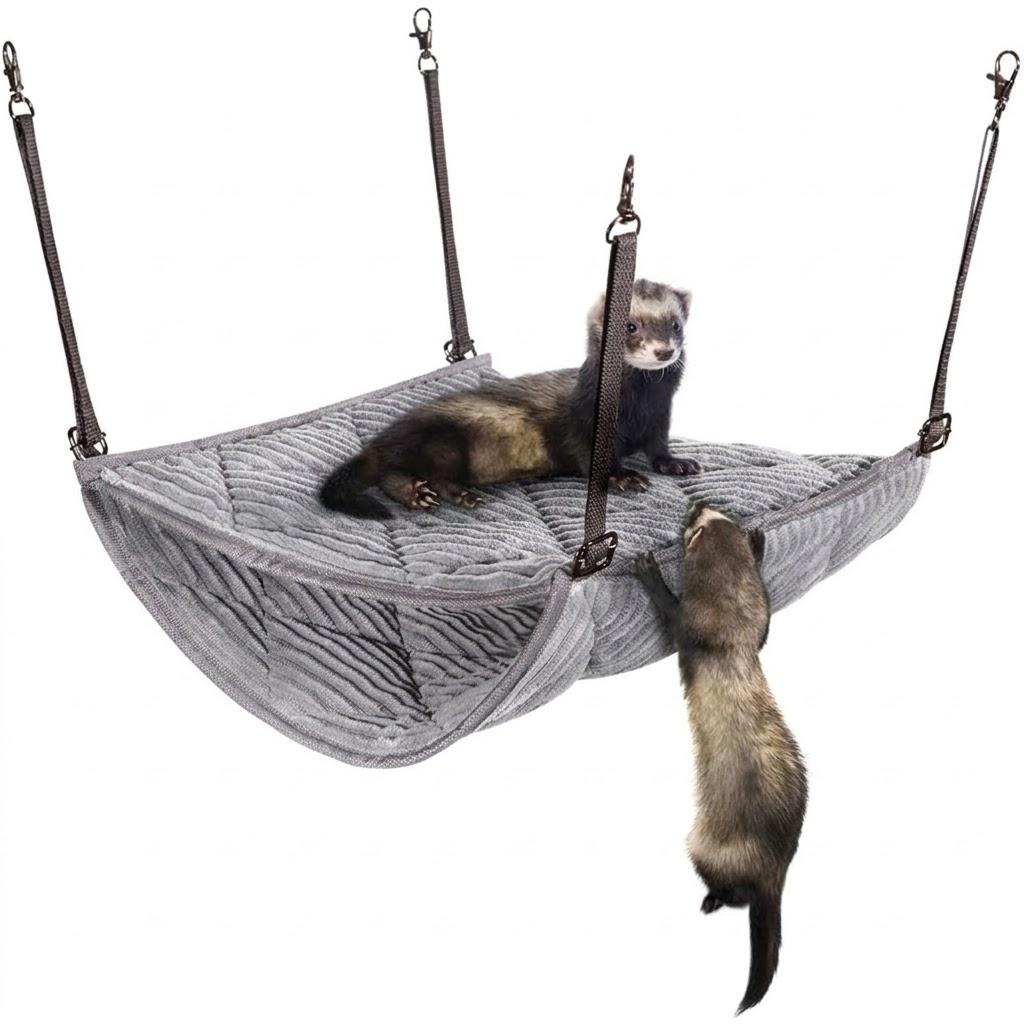 Ferret Hammock for Cage - Plush Double Bunk Bed Hanging Clips - Perfect for 2 or More Small Pets! (Rats, Ferrets, Hamsters, Guinea Pigs, Chinchillas & Squirrels) - Grey
