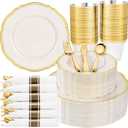 Hioasis 350pcs Ivory Gold Plastic Plates - Gold Plastic Dinnerware Set Includes 50 Dinner Plates, 50 Dessert Dinnerware, 50 Cups, 50 Napkins Perfect for Wedding & Party