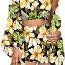 KEYUFANG Women 3 Piece Vocation Outfits Summer Suit Floral Kimono Cardigans Beach Cover Up Crop Cami Top Short Set (XL)