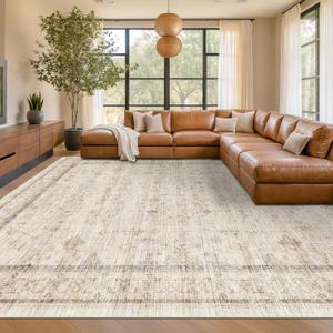 Hazo Haus Washable Ivory Living Room Rug, 8x10 Non Slip Area Rugs for Bedroom, Dinning Room Under Table Low Pile Neutral Farmhouse Vintage Foldable Decor (Light Sand Beige)