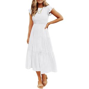 ZESICA Women's 2026 Summer Casual Flutter Short Sleeve Crew Neck Smocked Elastic Waist Tiered Midi Dress Size S