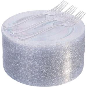 I00000 144Pcs Silver Glitter Dessert Plates Set, Includes 72Pcs Plastic Dessert Plates 7.5", 72Pcs Silver Forks 7.4", Plastic Salad Plates for Birthday, Wedding & Party