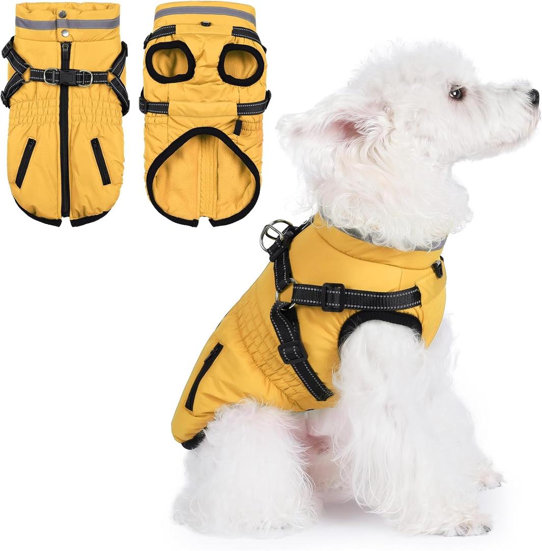 Gyuzh Dog Coat with Harness,Dog Coats for Small Dogs,Warm Fleece Winter Puppy Jacket,Waterproof Jacket with Harness Built in for Small Medium Large Dogs
