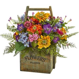 Nearly Natural Mixed Floral Artificial Arrangement in Wood Basket