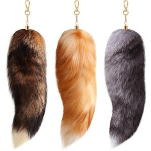 Sureio Huge Fluffy Real Fox Tail Fur Keychain for Women Wolf Tail Keychain Gift for Party (Gray, Yellow, Mixed Colors)