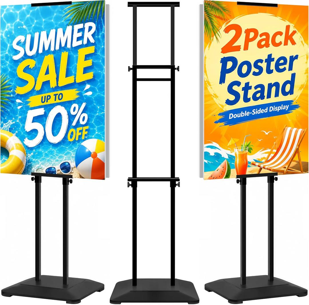 2 Pack Pedestal Poster Stands for Display, Adjustable Heavy Duty Poster Board Stand Height Up to 80", Double-Sided Floor Standing Sign Holder for Foam Board & Banner Signs, Black