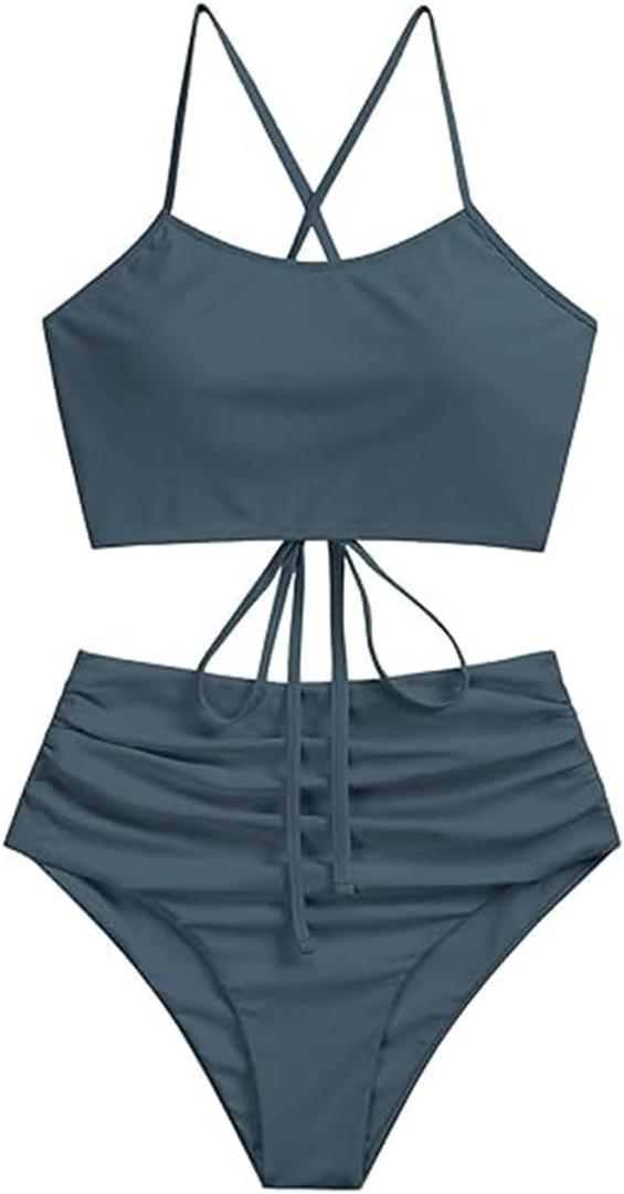 ZAFUL 2025 Women's Crisscross Ruched High Waisted Bottom Bikini Set Two Piece Bathing Suits Swimsuit Tankini, Small
