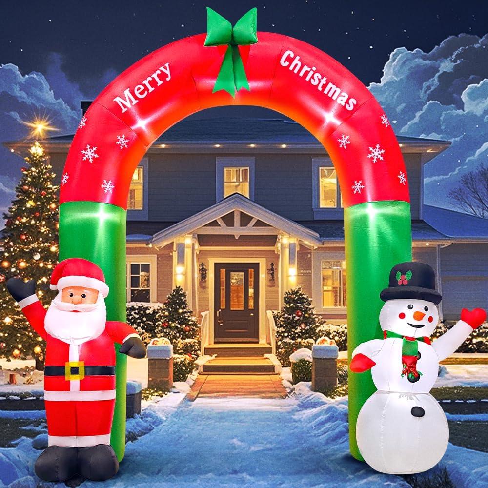 KOOY 8FT Christmas Inflatable Santa Snowman Arch Outdoor Decorations Blow up Yard Decoration, LED Lights for Christmas Party Holiday Xmas, Winter Outdoor Lawn Dcor, Xmas New Year Decoration