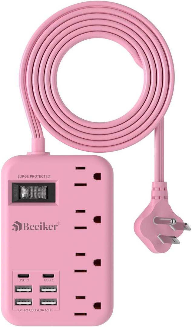 6 USB(2 USB C) Pink Extension Cord- 5Ft Pink Travel Power Strip with 24W USB Charging Station and 4 Outlets, Pink Desk Accessories with Surge Protector for Cute Kawaii Pink Gifts College Dorm Desk