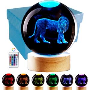3D Crystal Ball Lamp with Lifelike LED Lion, 16 Color Changing Light, Dimmable Remote Control