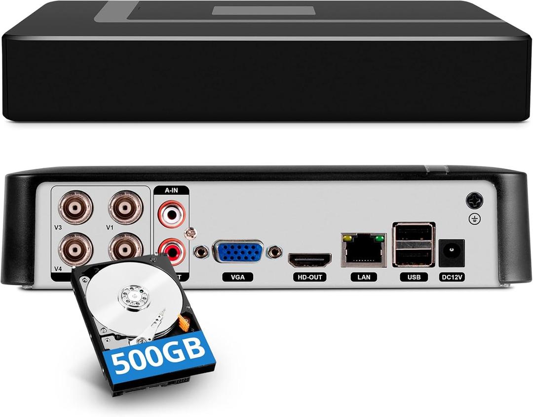 1080p 4 Channel Security DVR Recorder with 500GB Hard Drive, H.265 4CH Surveillance Digital Video Recorder,Hybrid 5-in-1 (TVI/AHD/CVI/CVBS/IPC) CCTV DVR for Security Camera