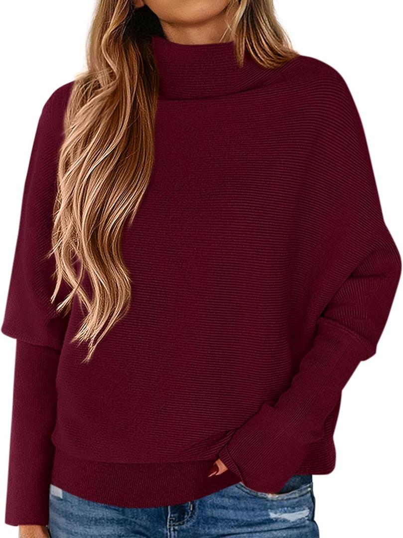 PRETTYGARDEN Fall Sweaters for Women 2026 Winter Clothing Batwing Sleeve Casual Loose Knit Turtleneck Sweater Holiday Outfits (L)