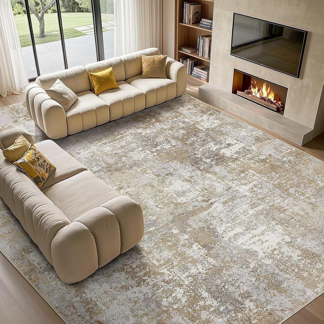 Tortania Washable 9x12 Area Rug for Living Room: Modern Abstract Neutral Large Soft Thin Rugs - Non Slip Indoor Carpet for Bedroom Dining Room Office Nursery Home Floor Decoration - Brown Grey