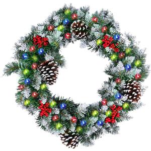 Christmas Wreath,Prelit Christmas Wreath for Front Door Outside,with Pine Cones, Red Berries,Lighted Farmhouse,50 LED Porch Decor(18 in)