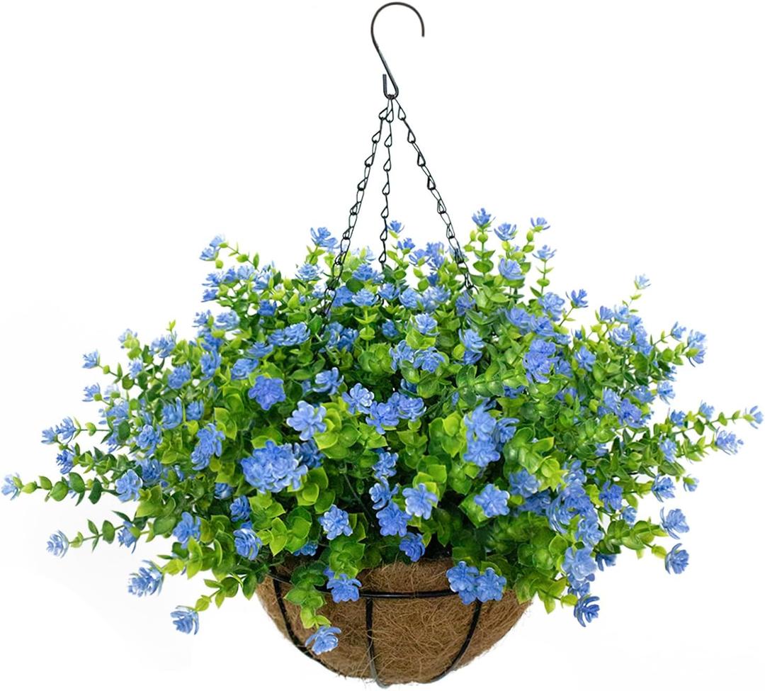 Artificial Hanging Flowers Basket, 12 UV-Resistant Bundles of Realistic Fake Flowers, Faux Plants for Outdoor Decor, Home, Garden, Porch, Patio, Spring & Summer Decorations, Blue