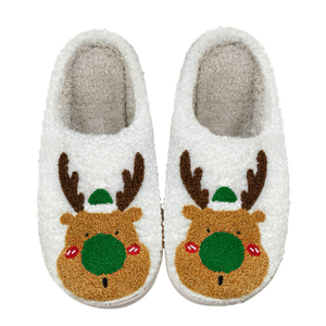 Afellicy Christmas Slippers Reindeer Slipper for Women Elk Holiday Slipper Cute Xmas Moose Shoe Indoor Bedroom Fluffy Cartoon Warm Fleece Shoes Winter Soft Cozy Home Green Size 7 8