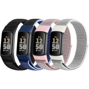 4 Pack Nylon Watch Bands Compatible with Fitbit Charge 6/Fitbit Charge 5, Adjustable Breathable Replacement Nylon Wristband Fitbit Charge 5 Charge 6 Sport Strap for Women Men (Black+New Midnight Blue+Pink Sand+Sea Shell)