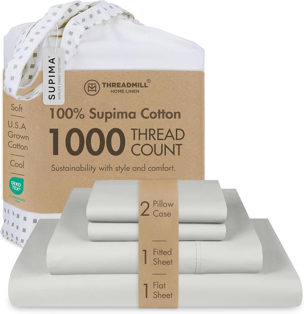 Threadmill Luxury Supima Cotton Sheets, Luxury 1000 Thread Count Soft 100% Cotton Sheets for Queen Size Bed, 4 Pc Light Grey Bed Sheets Queen Set, 5-Star Hotel Quality Deep Pocket Bed Sheets Set