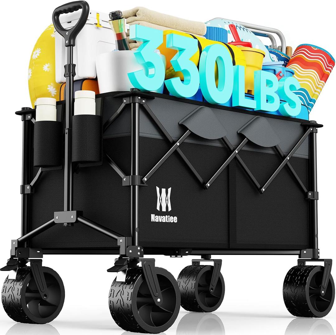 Navatiee 330Lbs Collapsible Folding Wagon, Beach Wagon Cart Heavy Duty Foldable with Big Wheels, Utility Grocery Wagon with 165L Large Capacity for Camping Garden Sports, Black
