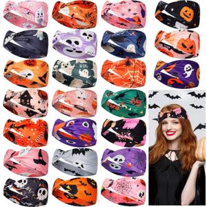 24 Pcs Halloween Headbands for Women Pumpkin Bat Ghost Wide Knotted Hairband Elastic Knot Hair Wraps Ghost Workout Head Wraps Halloween Festive Gift Hair Accessories