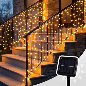 Patioman Curtain Lights for Stair Railing, 300 LED 20Ft x 3Ft Solar Powered Outdoor String Lights, Warm White Tangle-Free Decorative Light with 8 Modes for Stairs, Balcony, Fences, Eaves, Porch Décor