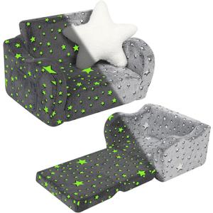 Toddler Couch, 2-in-1 Kids Soft Couch Fold Out with Star Pillow, Foldable Sofa to Lounger, Medium, Star Glow in The Dark (Light Grey)